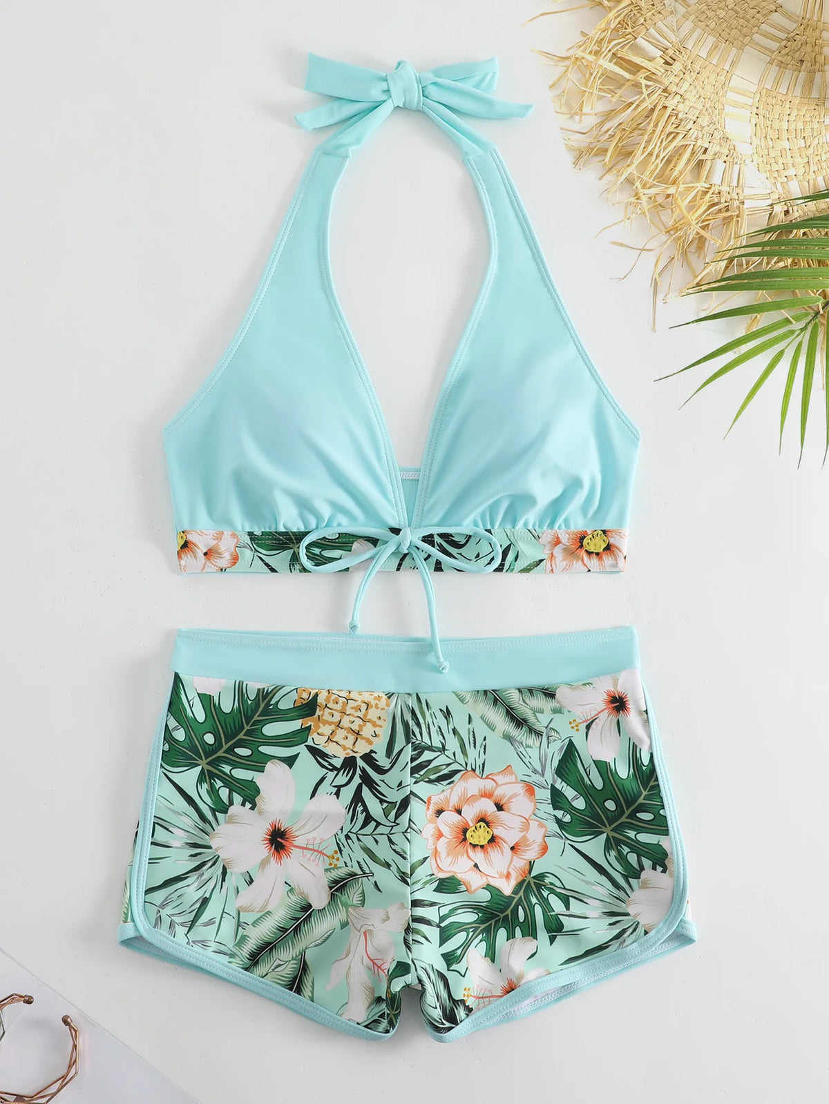 2026 Summer Women's Print Patchwork Swimsuit Sexy Deep V Neck Back Lace-up Swimwear High Waist Shorts Tankini Bathing Suit Beach