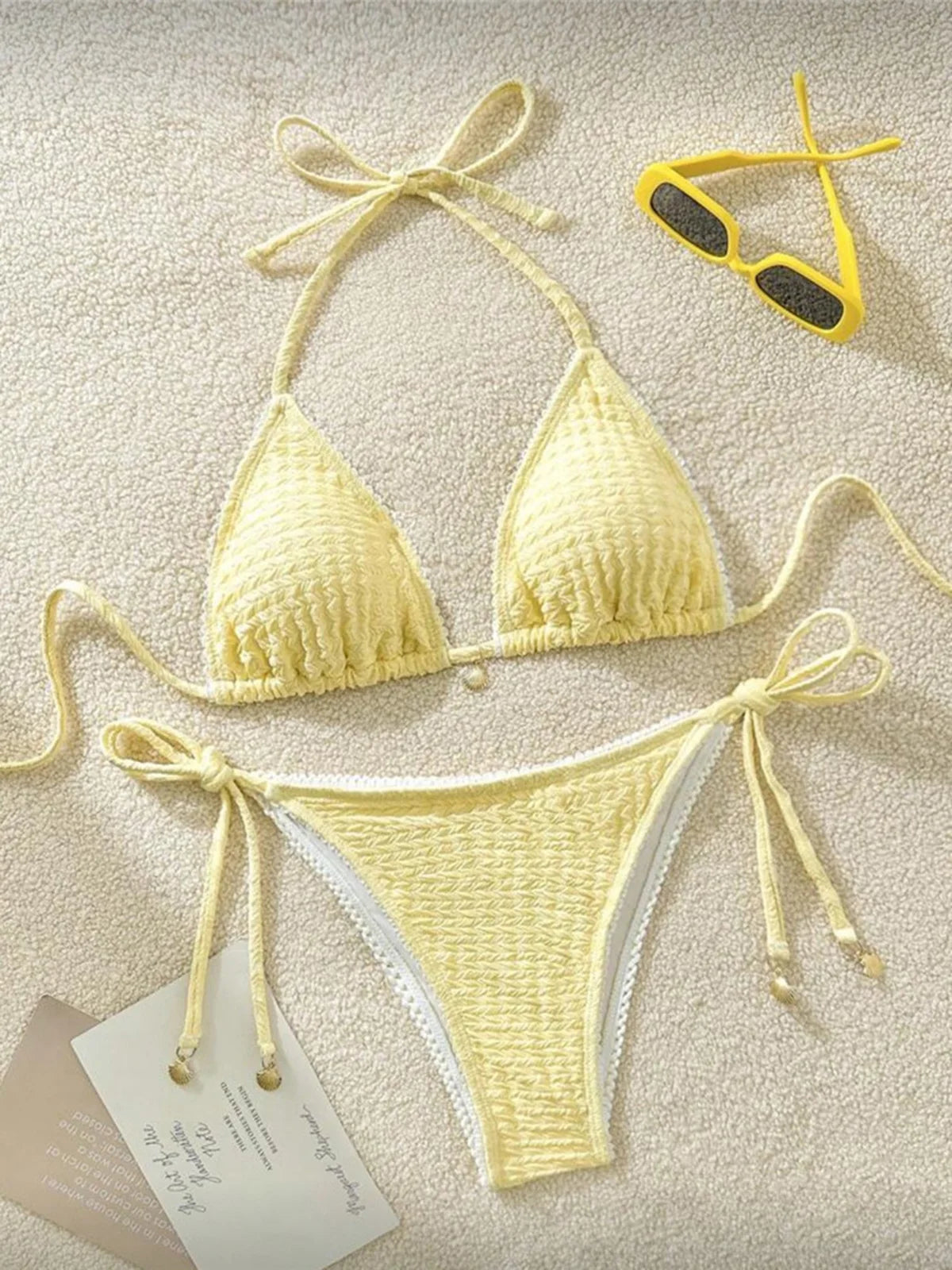 High Cut Leg Two-Pieces Bikini Set Bather Bathing Suit Swim Wrinkled Crinkled Halter Bikini Women Swimwear Female Swimsuit M125