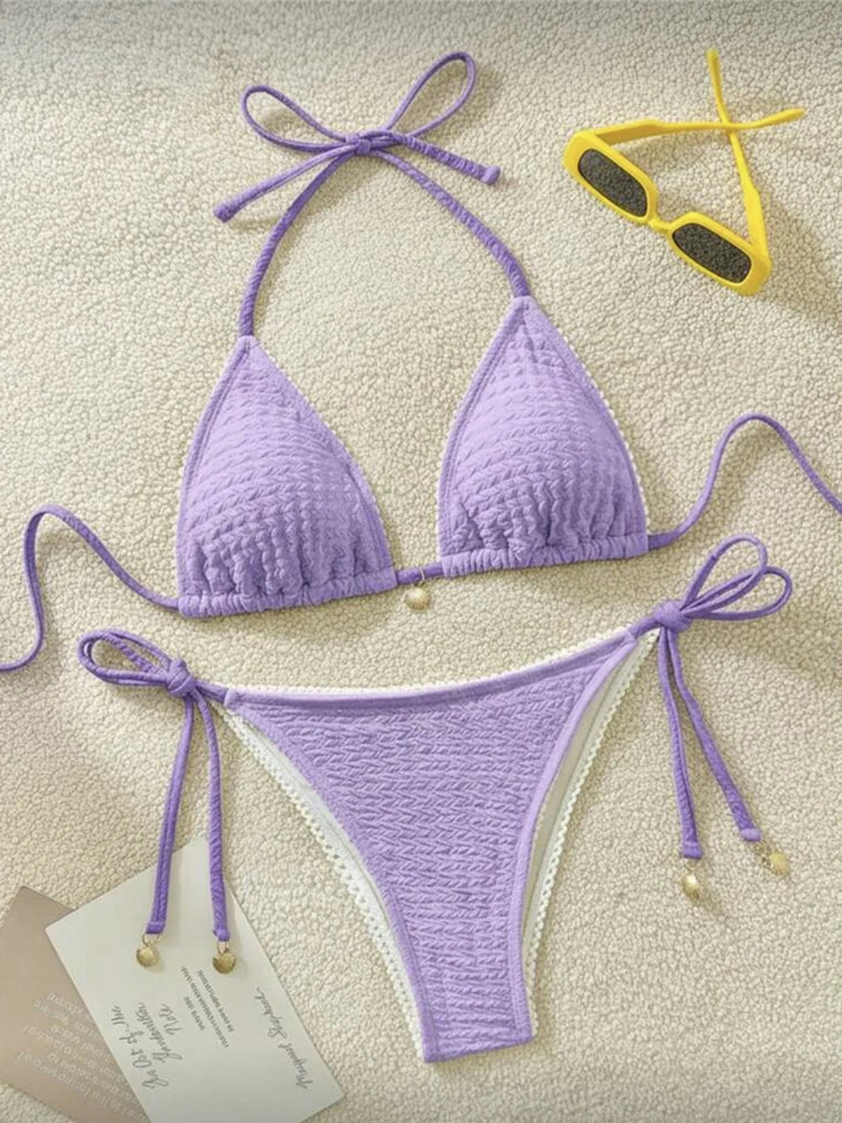 High Cut Leg Two-Pieces Bikini Set Bather Bathing Suit Swim Wrinkled Crinkled Halter Bikini Women Swimwear Female Swimsuit M125