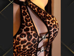 Sexy Leopard Print Halter Neck Bodysuit for Women, Backless Deep V Hollow Out Teddy Lingerie with Rhinestone Heart Decor