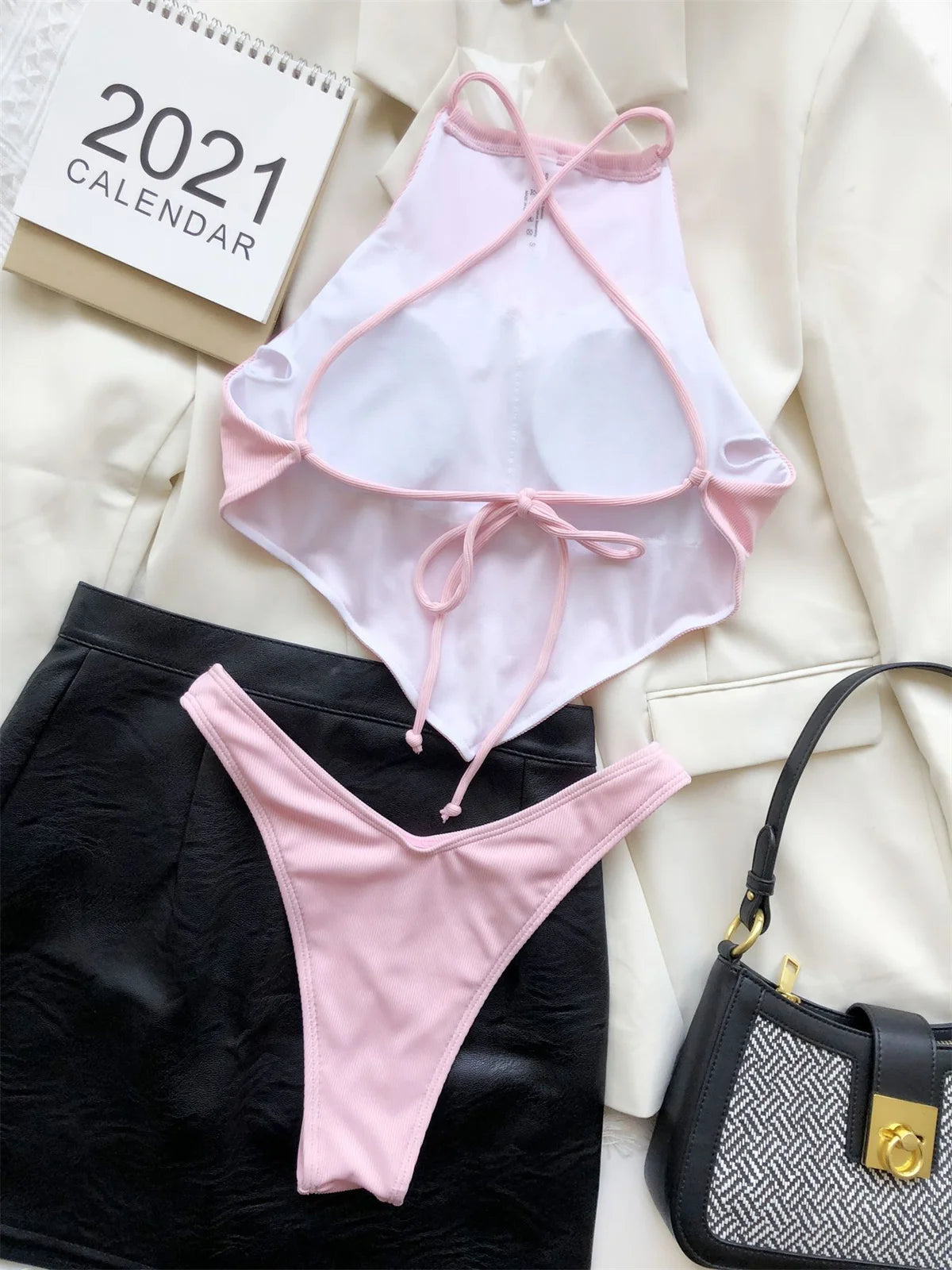 Sexy Ribbed Bikini Set Blue Pink High Neck Cut Out Push Up Crop Top 2 Piece Swimsuit Bathing Suit Thong Swimwear 2024 Beachwear