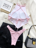 Sexy Ribbed Bikini Set Blue Pink High Neck Cut Out Push Up Crop Top 2 Piece Swimsuit Bathing Suit Thong Swimwear 2024 Beachwear