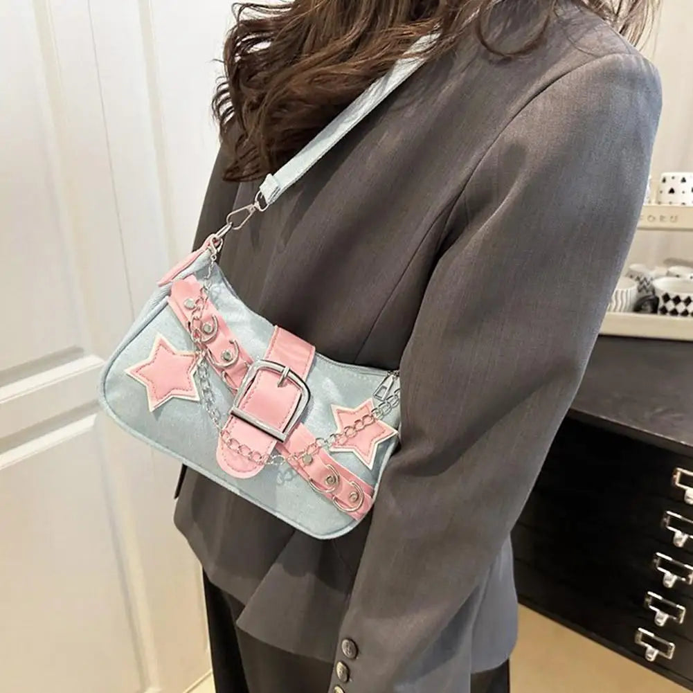 Fashion Women's Handbags Denim Stars Pattern Cool Girls Underarm Bag Female Small Shoulder Hobo Bags Chain Tote Bag