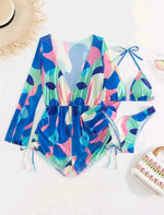 2024 New Swimsuit 3 Pcs Set Thong Bikini with Rompers Womens Jumpsuit Beach Wear Print Swimwear Sexy Bathing Suit Pool Beachwear