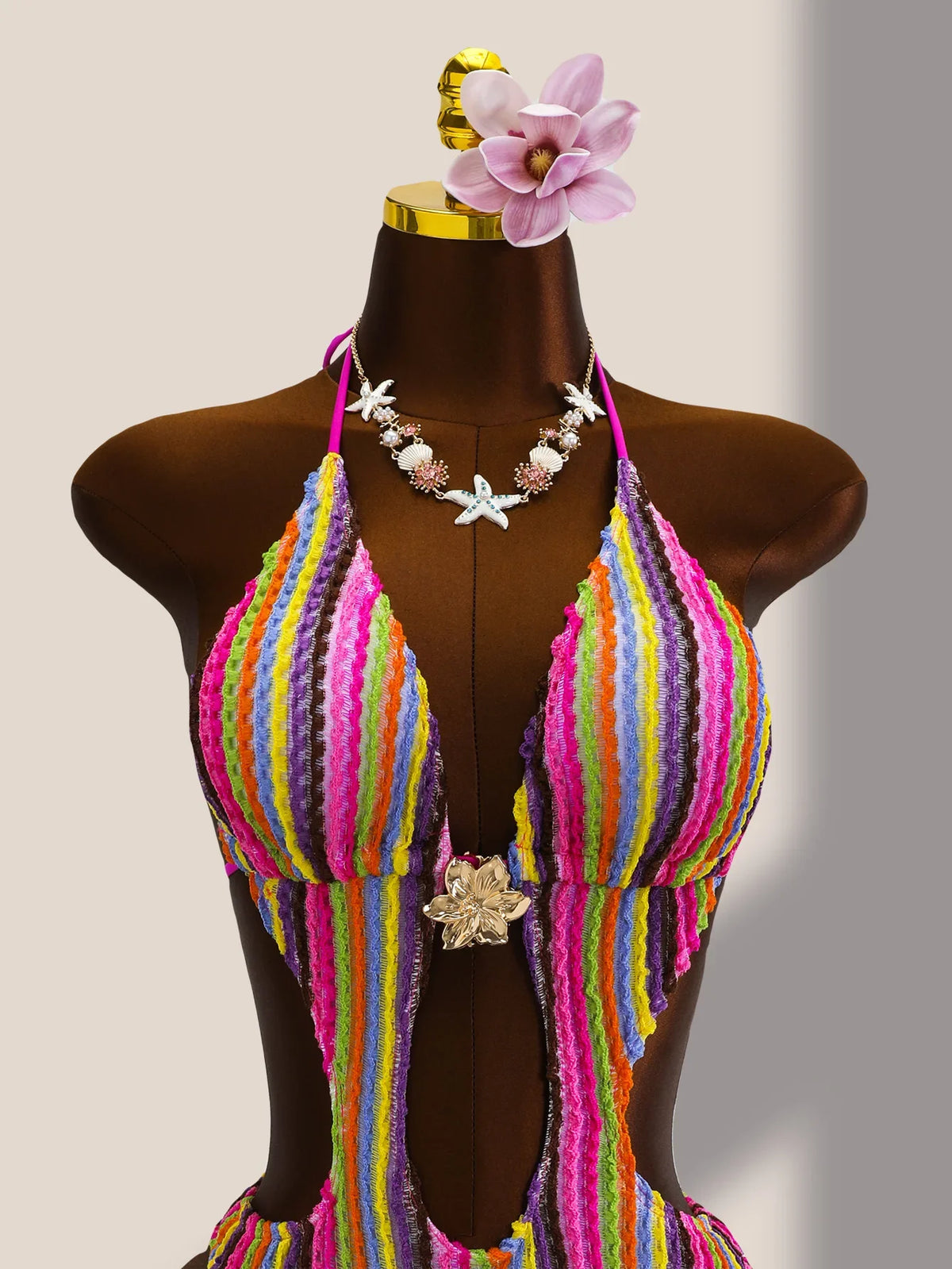 Vintage Black Striped One Piece Swimwear Women 2026 3D Metal Flower Hollow Out Backless Beach Holiday Bathing Suit Swimsuit