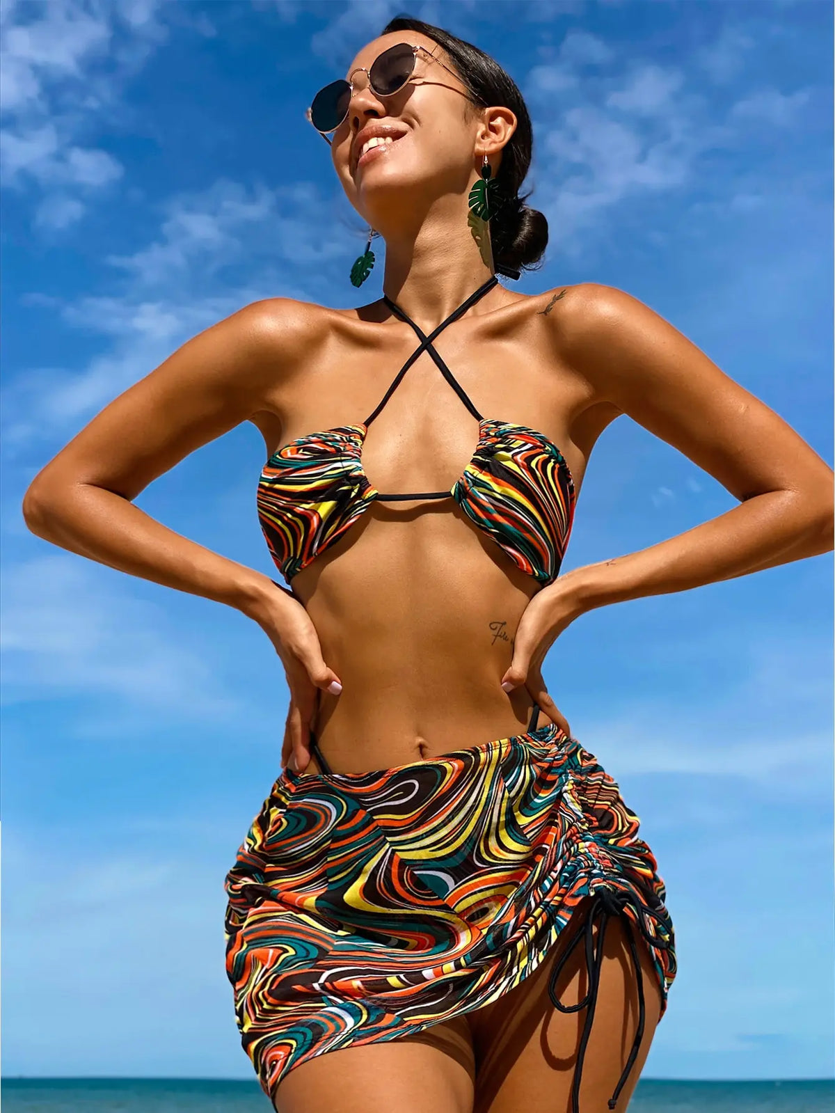3 Pieces Bikini Set With SkirtTie Dye String Thong Bathing Suit Women Swimsuit FemaleSwimwear Beach Wear Swim Lady Summer