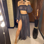 2026 Leopard Off Shoulder Long Sleeve 2 Pieces Set Beach Cover Up Cover-ups Beach Dress Beach Wear Beachwear Female Women V3728