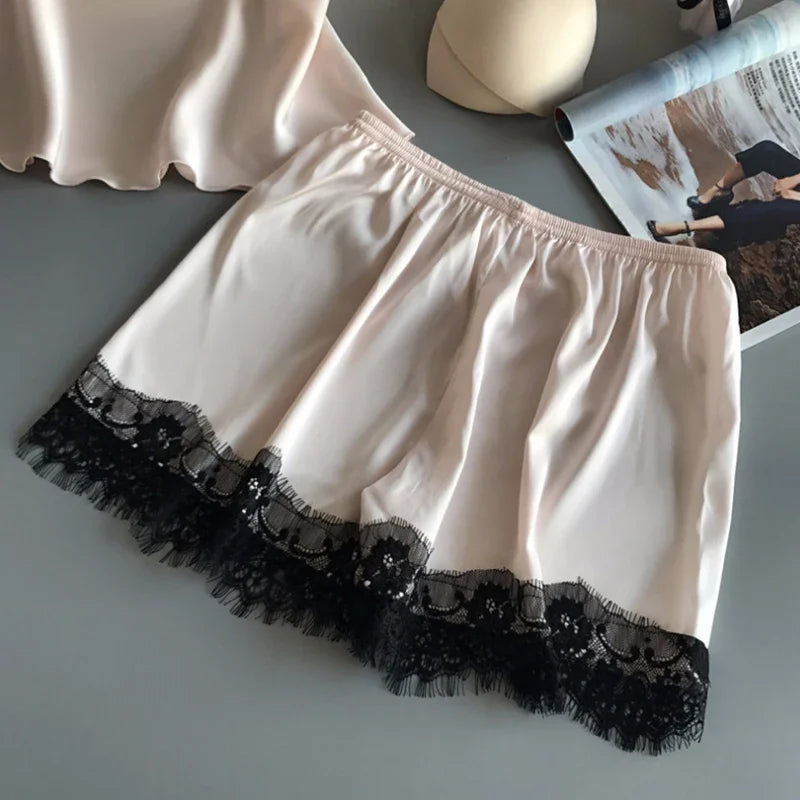 Women Summer Sleepwear Sexy Lace Satin Pajama Sets Lingerie Nightwear Sleeveless Tops+Shorts 2 Pcs Sets Loungewear