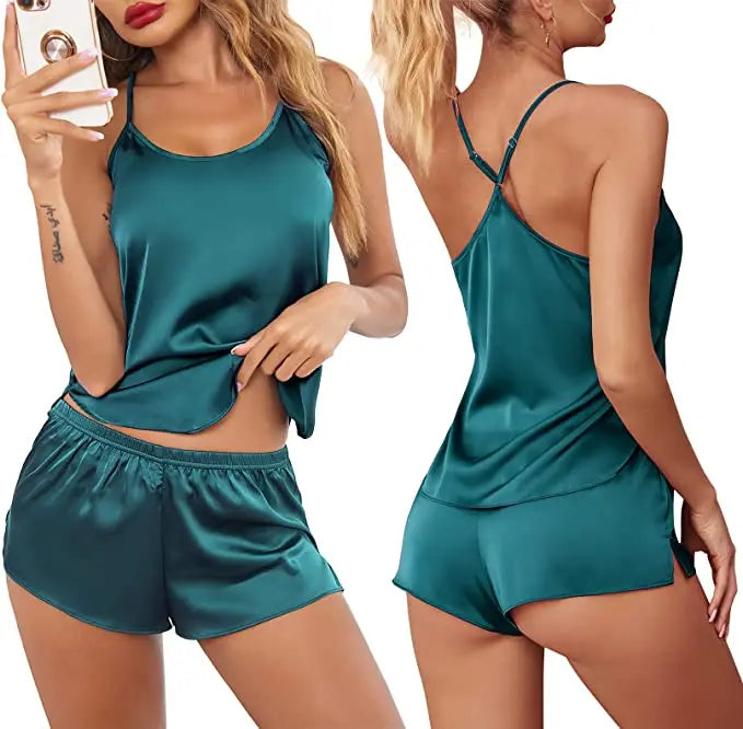 Summer New Ice Silk Spaghetti Strap Sexy Women Pajamas Pure Color Thin Section Fashion Sleepwear