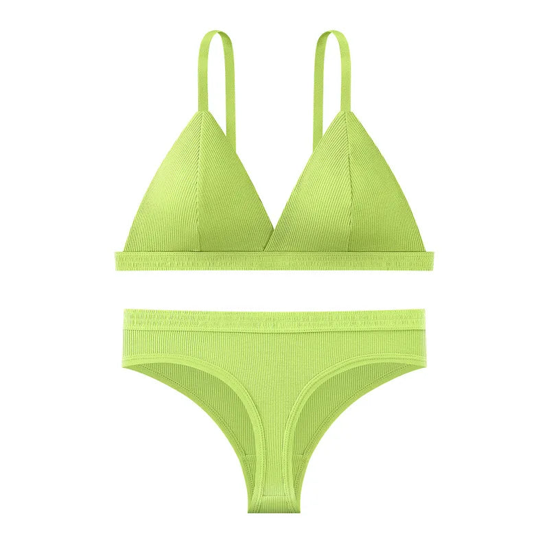 Women Cotton Bra and Panties Set Wireless Push-Up Bra Low-Waist Thongs G-string Sexy Lingerie Women's Breathable Underwear Set