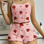Women's Strawberry Print Ribbed Knit Ice Silk Camisole Pajama Set Comfortable Two-Piece Sleepwear for Summer