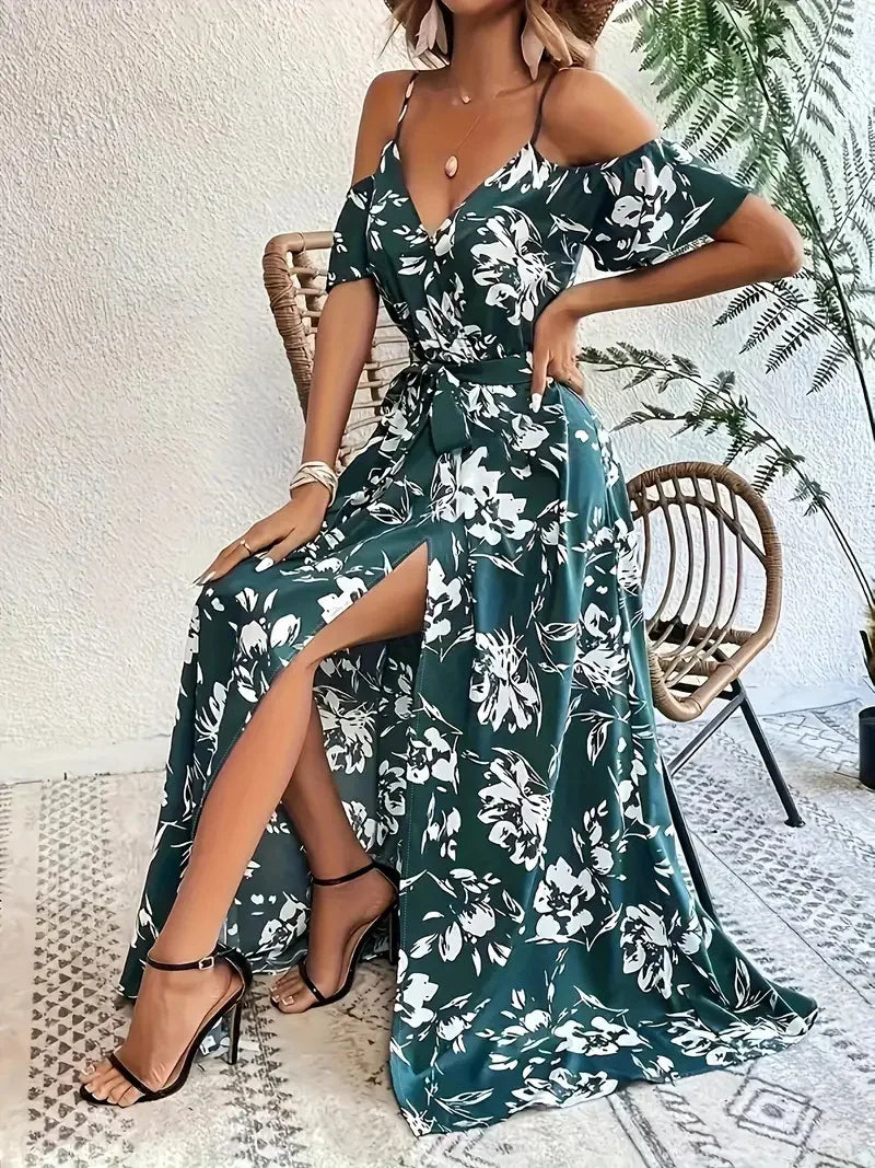 New Summer Women Print Dress 2025 Fashion ElegantVacation Party Short Sleeve Slim V-neck Slit Long Dresses Vestidos Para Mujer