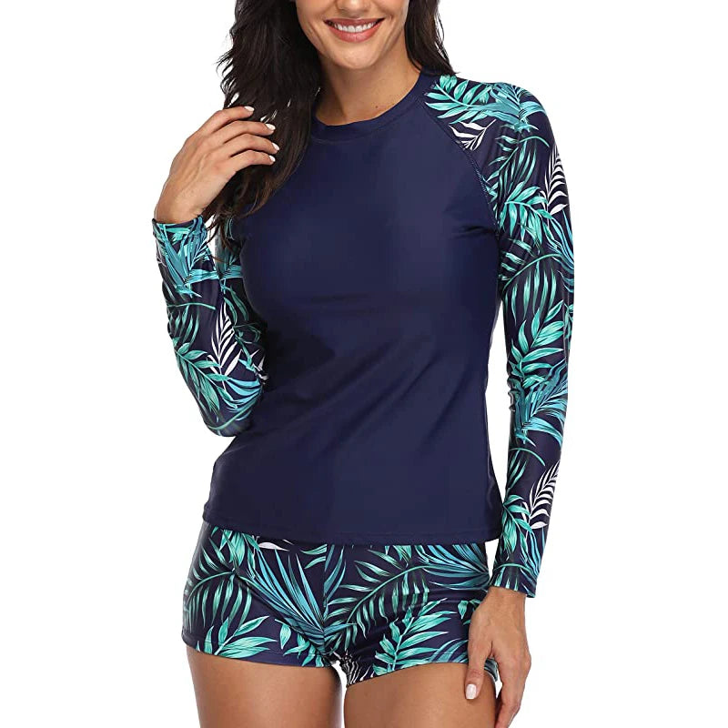 Women Two Pieces Vintage Print Rash Guard Swimwear Long Sleeve Shirt Shorts Surf Top Retro Print Running Shirt Split Swimsuit