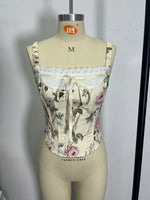 Countryside Style Floral Print Camisole Women Lace Front Tie Slim Fishbone Tank Top Summer Y2K Chic Lady Corset Streetwear