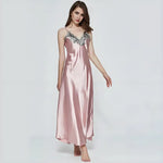 Women's Satin Lace Nightgown Spaghetti Strap Sleeveless Slip Dress Soft V Neck Maxi Sleepwear Silky Chemise Nightdress