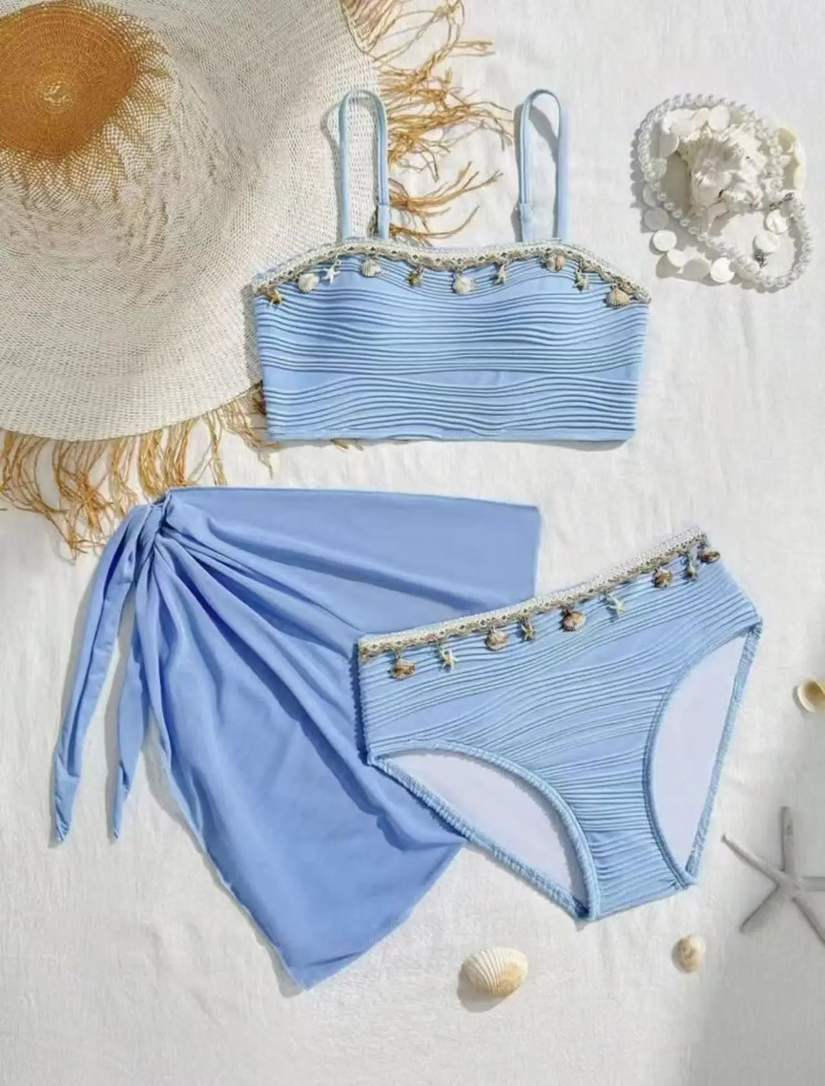 New Shell Starfish 3 Pieces Bandeau Bikini Set Swimsuit Women Blue Swimwear with Sarong Skirts Swim Dress Beachwear Bathing Suit