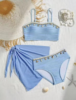 New Shell Starfish 3 Pieces Bandeau Bikini Set Swimsuit Women Blue Swimwear with Sarong Skirts Swim Dress Beachwear Bathing Suit