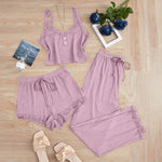Summer 3PCS Pajama Sets for Women's Solid Vest Shorts and Pants Paired with Lace Splicing for Homewear Sexy Sleepwear Sets