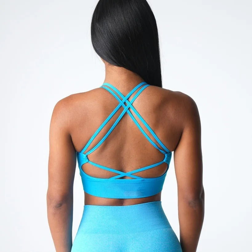 Virtue Seamless Sports Bra Women Backless Gym Crop Top Medium Impact Padded Yoga Bras Strappy Push Up Fitness Brassiere Woman