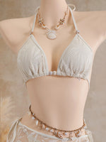 Vintage Coffee Leaves Print Mesh Skirt 3 Piece Bikinis Sets 2026 Women Beach Pearls Push Up Thong Swimsuit Bathing Suit Swimwear