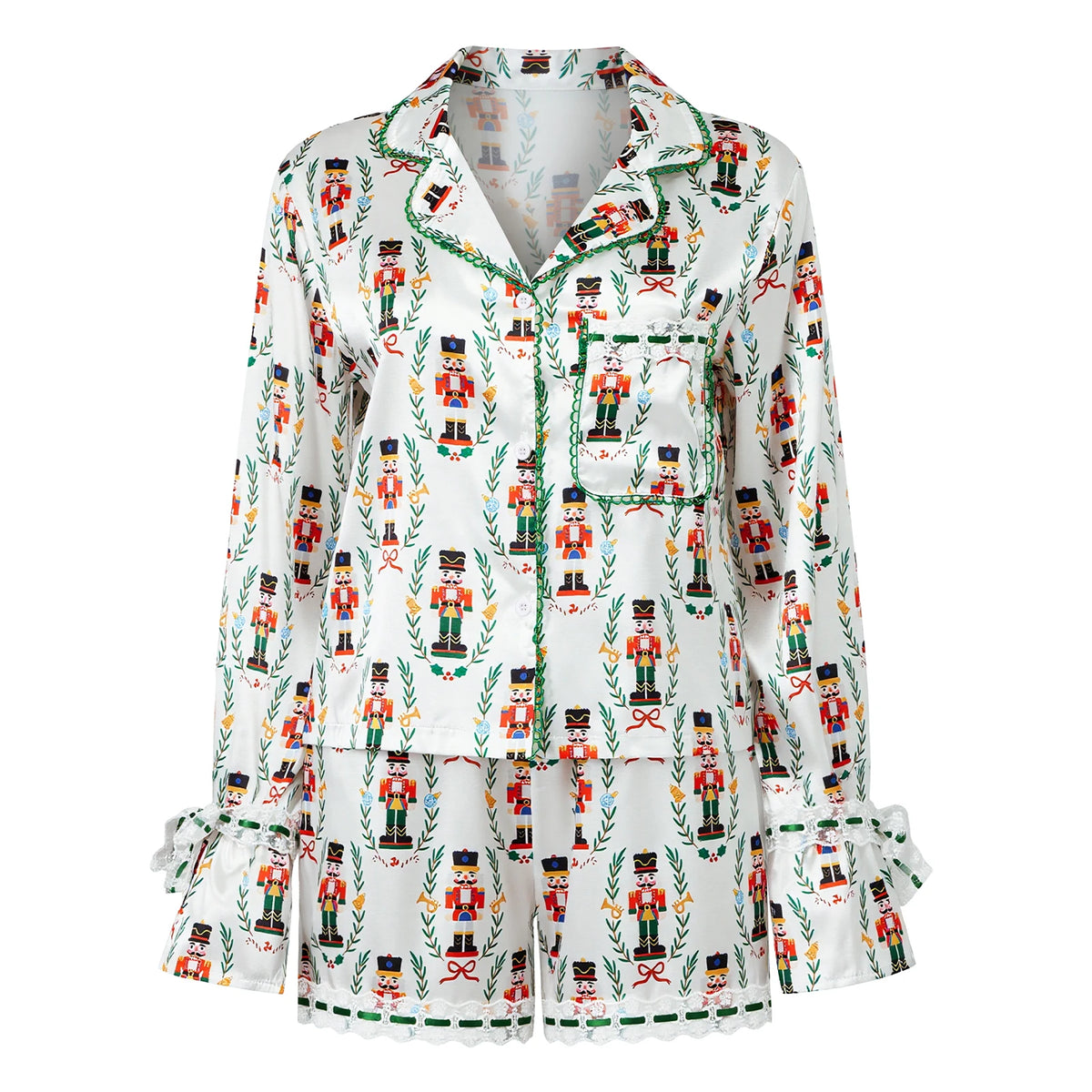 Womens Satin Christmas Pajamas Sets Print Button Up Long Sleeve Lapel V Neck Tops and Shorts Lounge Wear 2 Pieces Suits