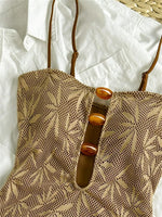 Vintage Coffee Leaves Print One Piece Swimsuit 2026 Women Beaded String Hollow Out Backless Mesh Slim Fit Tummy Control Swimwear