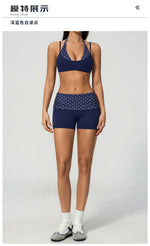 Breathable Striped Patchwork Yoga Clothing Women Fake Two-piece Sports Bra Folding High Waist Shorts Gym Running Fitness Suit