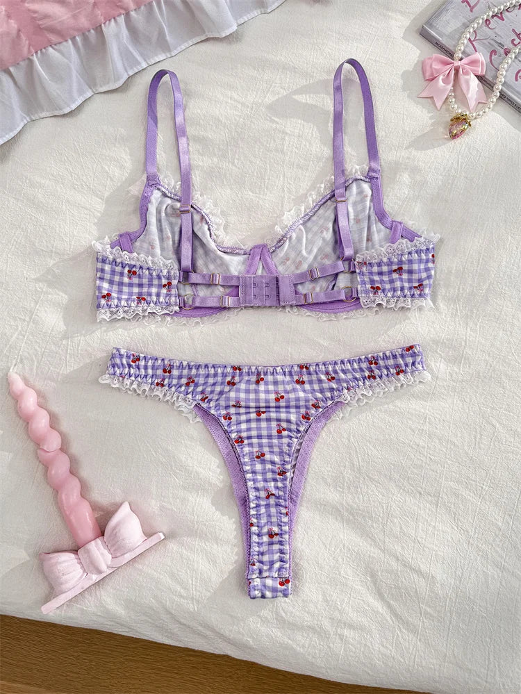 Cherry Print Bralette Set Sweet Lace Trim Women's Lingerie French Style Thin Bra Panty Light Purple Plaid Intimate Underwear Set