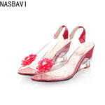 NASBAVI New Fashion Flower Transparent Sandals Wedge Women Shoes Large Size Sandals Women Size 34-43