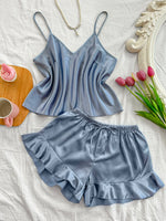 Sexy Solid Women's Pajama Set Breathable Top and Ruffle Shorts Sleepwear Summer Loungewear for Home Relaxation