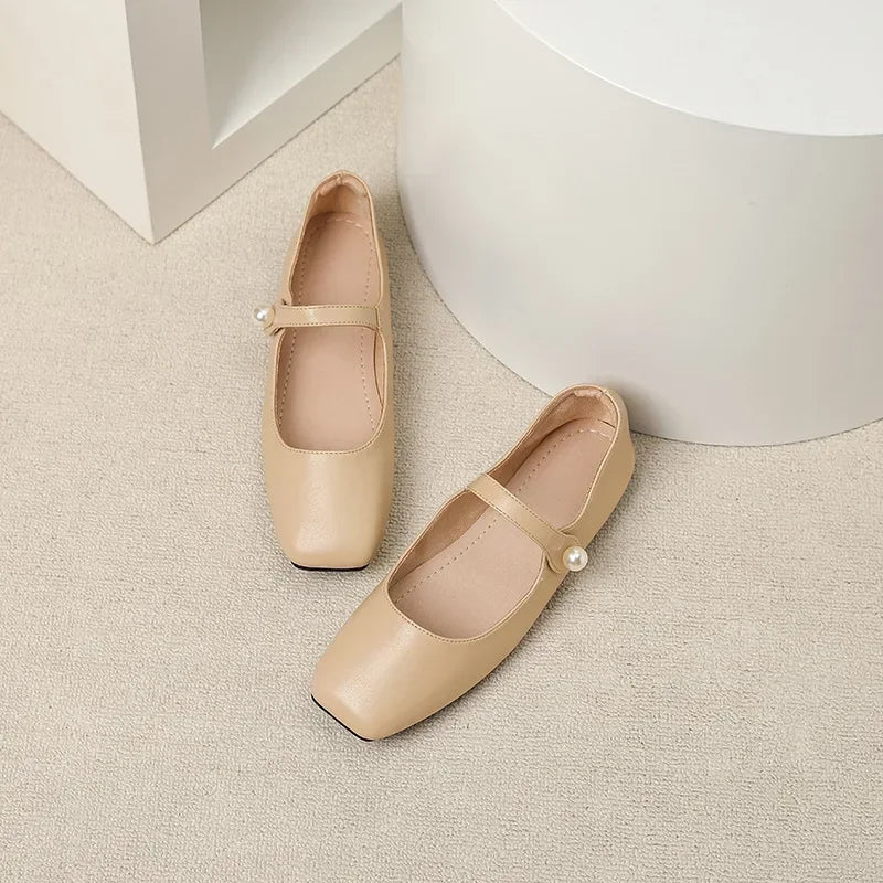 2025 Elegant Woman Square Toe Lolita Lady Barefoot Boat Gold Flats Elegant Soft Sole Ballerina Party Mary Jane Shoes