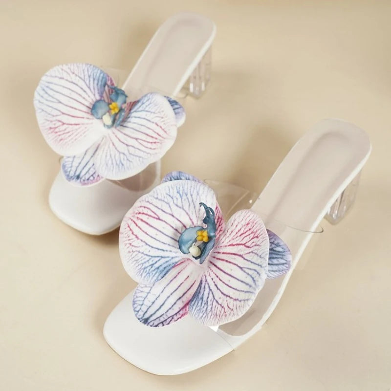 Fashion Flower Women Thin Heels Sandals Slides Shoes Female Square Toe Footwear Ladies High Heels Sandals Shoes Pumps