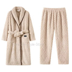 Men Women Jacquard Coral Fleece Bathrobe Autumn Winter Thick Warm Couple Sleepwear Soft Plush Loose Indoor Home Loungewear