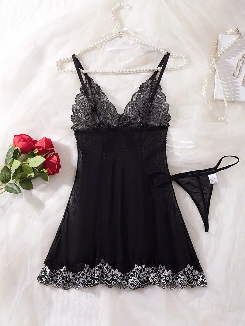 Women's Nightgowns See Through Sexy Deep V Embroidered Nightdress Pajamas Thong Sleepwear Baby Doll Lingerie