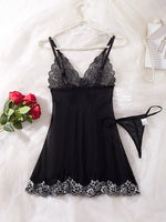 Women's Nightgowns See Through Sexy Deep V Embroidered Nightdress Pajamas Thong Sleepwear Baby Doll Lingerie