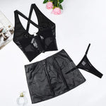 Toucheart Erotic Lingerie New High-quality Leather and Fabric Spliced mesh Sexy Strap Cross Halter Neck Sexy Hot Underwear Set