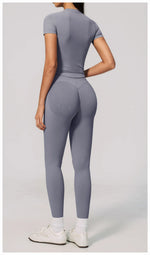 2PCS Women's Tracksuit Seamless Yoga Set Short Sleeve O Neck Workout T Shirts Fitness Suit Tight Hip Lifting Leggings Gym Sets
