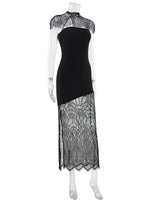 Ahagaga Fashion Women's Maxi Dresses Lace Patchwork Sexy Sheer Split Bodycon Slim Fit Turtleneck Sheath Female Party Vestidos