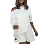 2 Pcs/Set Women Tracksuit One-shoulder Short Pants Solid Color Leisure Summer Top Set