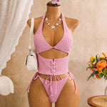 DEKA Vintage Pink Plaid Print Bikini Set Women Bandage Cross Fishbone Top 3 Piece Swimsuit Beach Holiday Bathing Suit Swimwear