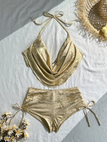 Sexy Hot Stamping Gold Swimwear Women 2026 Collar Split Top Drawstring Side High Waist Bikini Set Summer Bathing Suit Swimsuit
