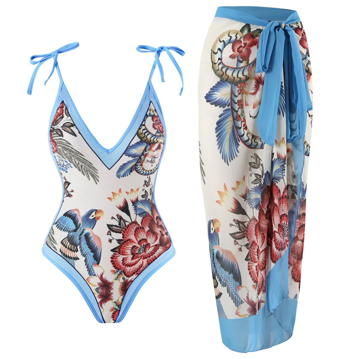 Sexy One-piece Swimsuit with Skirt Swimwear Women Flower Bird Print Body Bathing Suit Beach Swim Pool 2024 Female Swimming Suit