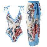 Sexy One-piece Swimsuit with Skirt Swimwear Women Flower Bird Print Body Bathing Suit Beach Swim Pool 2024 Female Swimming Suit