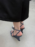New Sexy Black Thin Buckle Straps Wedges Sandals Women Elegant Denim Blue Unique Curved Wedge High Heel Summer Party Heels Shoes