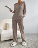 Autumn Winter Ribbed Knit Two Piece Set Womens V Neck Long Sleeve Top Wide Leg Pants Loungewear Casual Solid Color Outfit