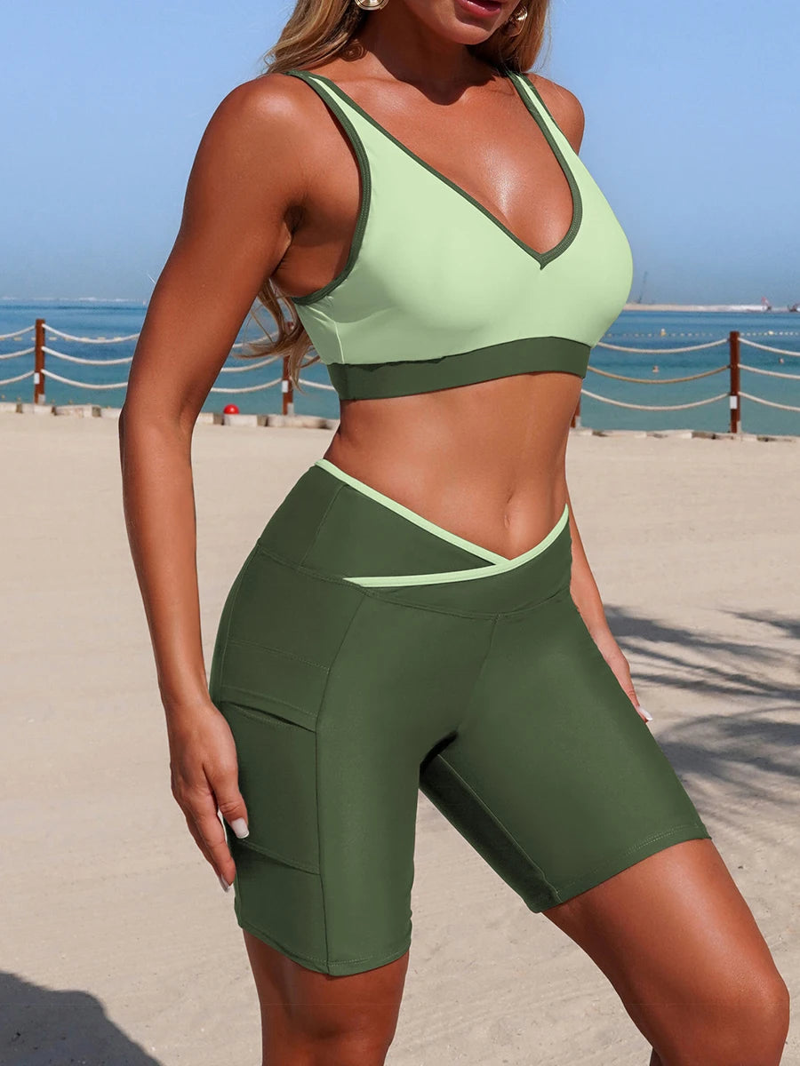 2026 Sporty Two Pieces Swimsuit Women Long Knee Shorts Padded Swimwear Female Solid Bathers Bathing Swimming Swim Suit Beachwear