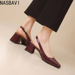 NASBAVI Vintage Womens Square Toes Pumps 6CM Chunky Heels Slingback Sandal Shoes Ladies Summer New Woman Lady Female Sandals