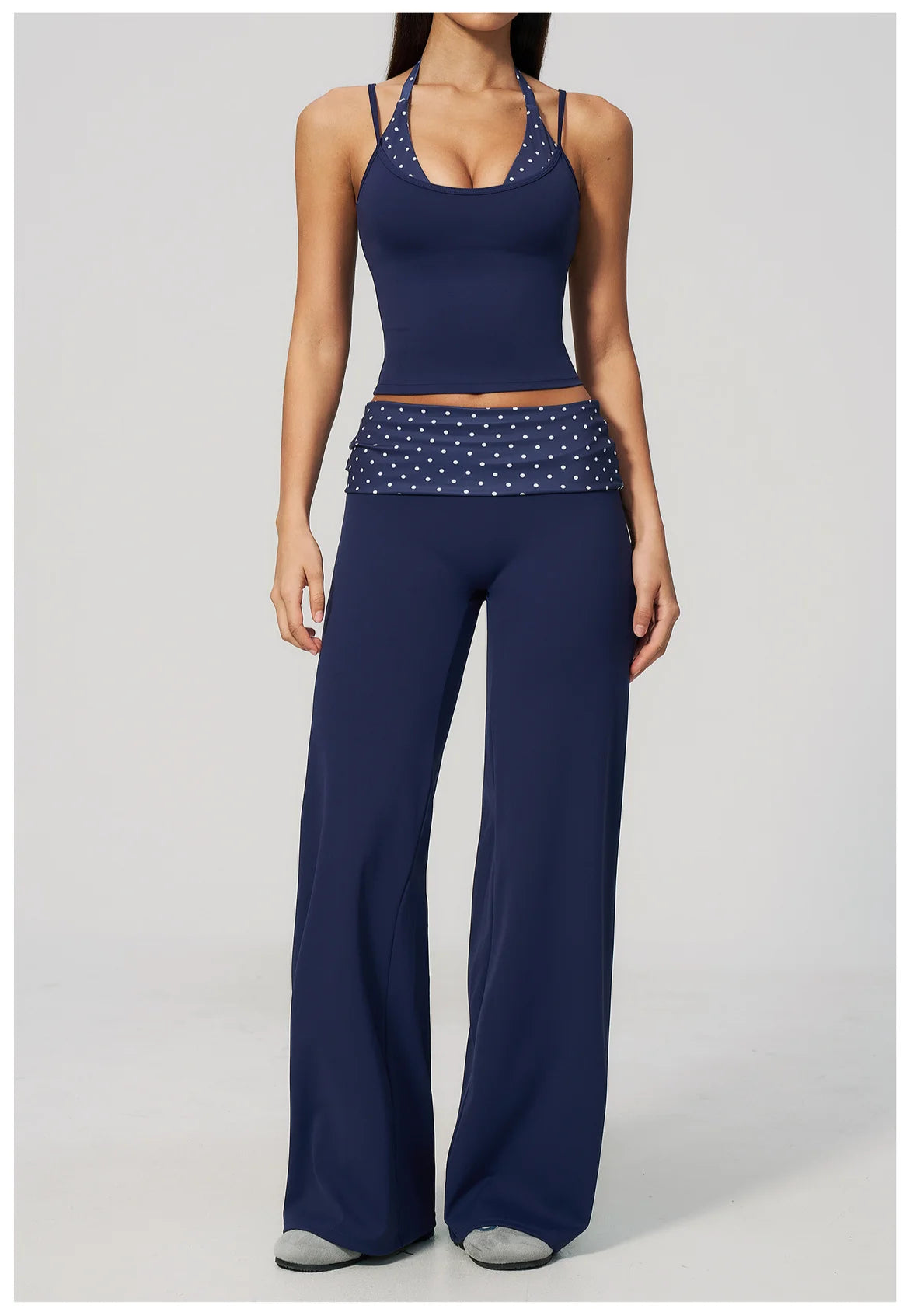 Women's 2 Piece Yoga Set Halter Neck Crop Top Fold Over Waist Wide Legged Flare Trousers Polka Dot Striped Gym Workout Running