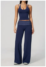 Women's 2 Piece Yoga Set Halter Neck Crop Top Fold Over Waist Wide Legged Flare Trousers Polka Dot Striped Gym Workout Running