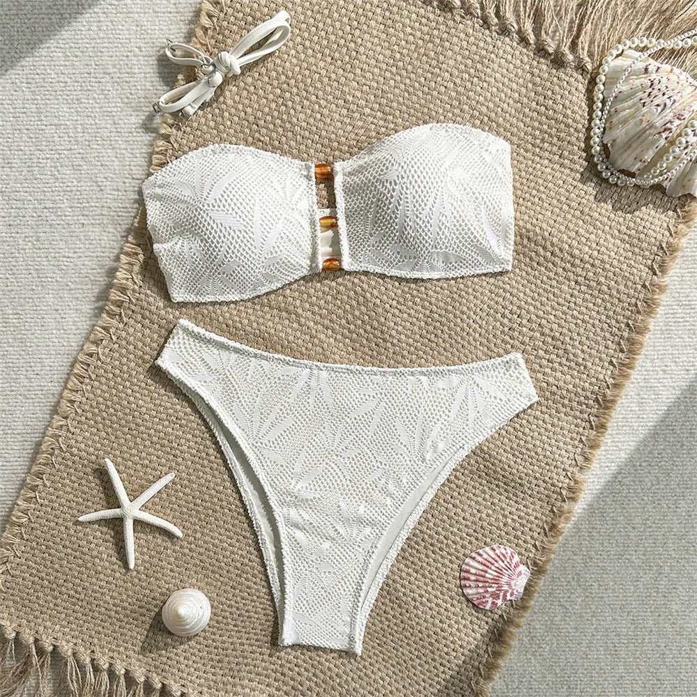 Brown Leaf Fishing Net Bandeau Bikinis Sets Front Hollow Out Sexy Swimsuit Woman 2026 Bead Swimwear Bathing Suit Bikini De Mujer